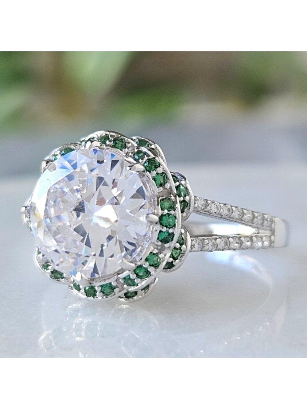 Emerald Green Gemstone ring, 925 Sterling Silver Charmed Aroma Floral Collection